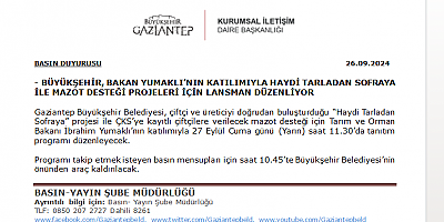 - BÜYÜKŞEHİR, BAKAN YUMAKLI’NIN KATILIMIYLA HAYDİ TARLADAN SOFRAYA İLE MAZOT DESTEĞİ PROJELERİ İÇİN LANSMAN DÜZENLİYOR